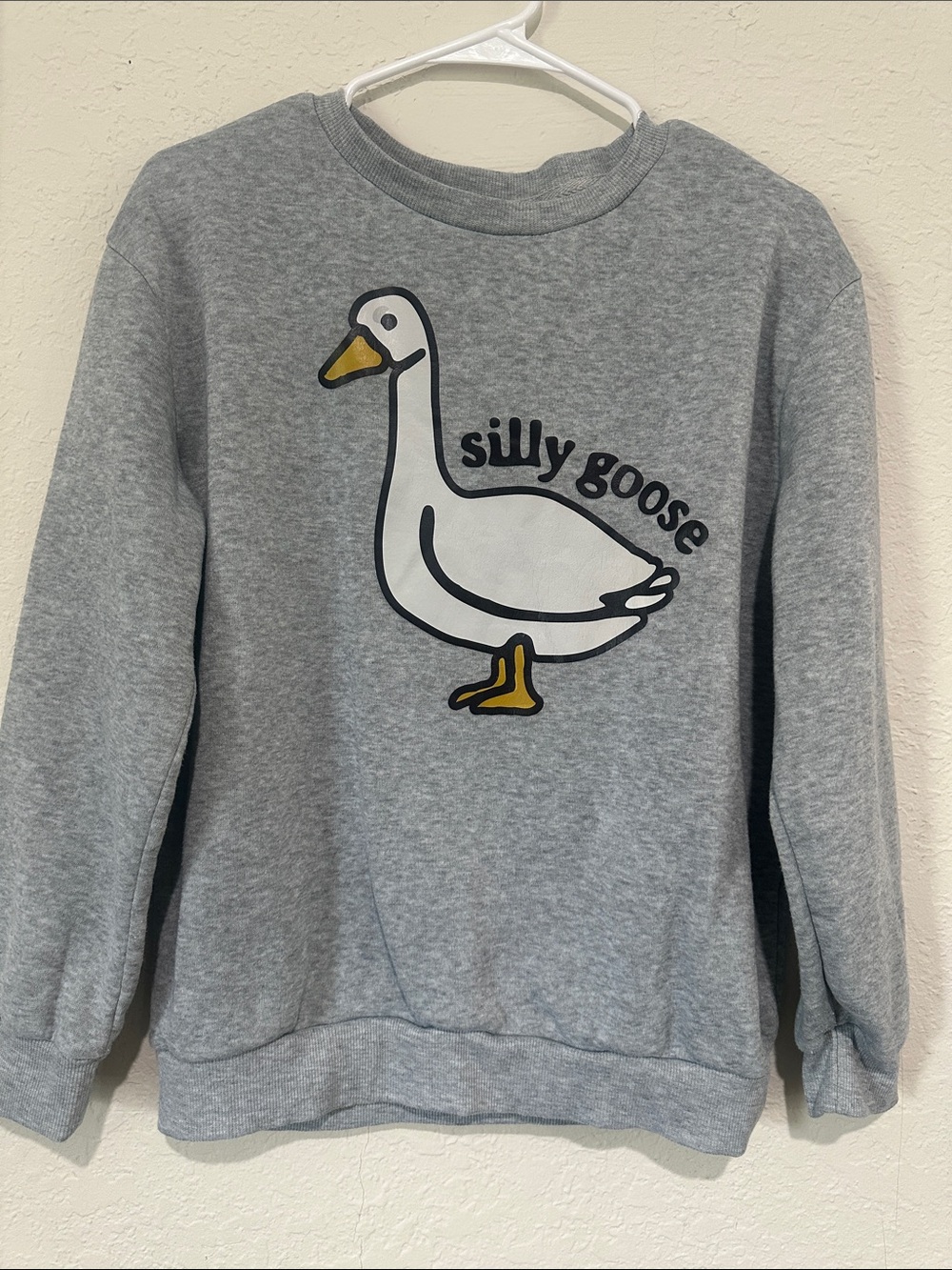 SHEIN Gray "Silly Goose" Graphic Crewneck Sweater with White & Yellow Accents